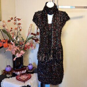NWOT Papillon Unique Designed Stretchy Cardigan Knit Midi Dress with Scarf